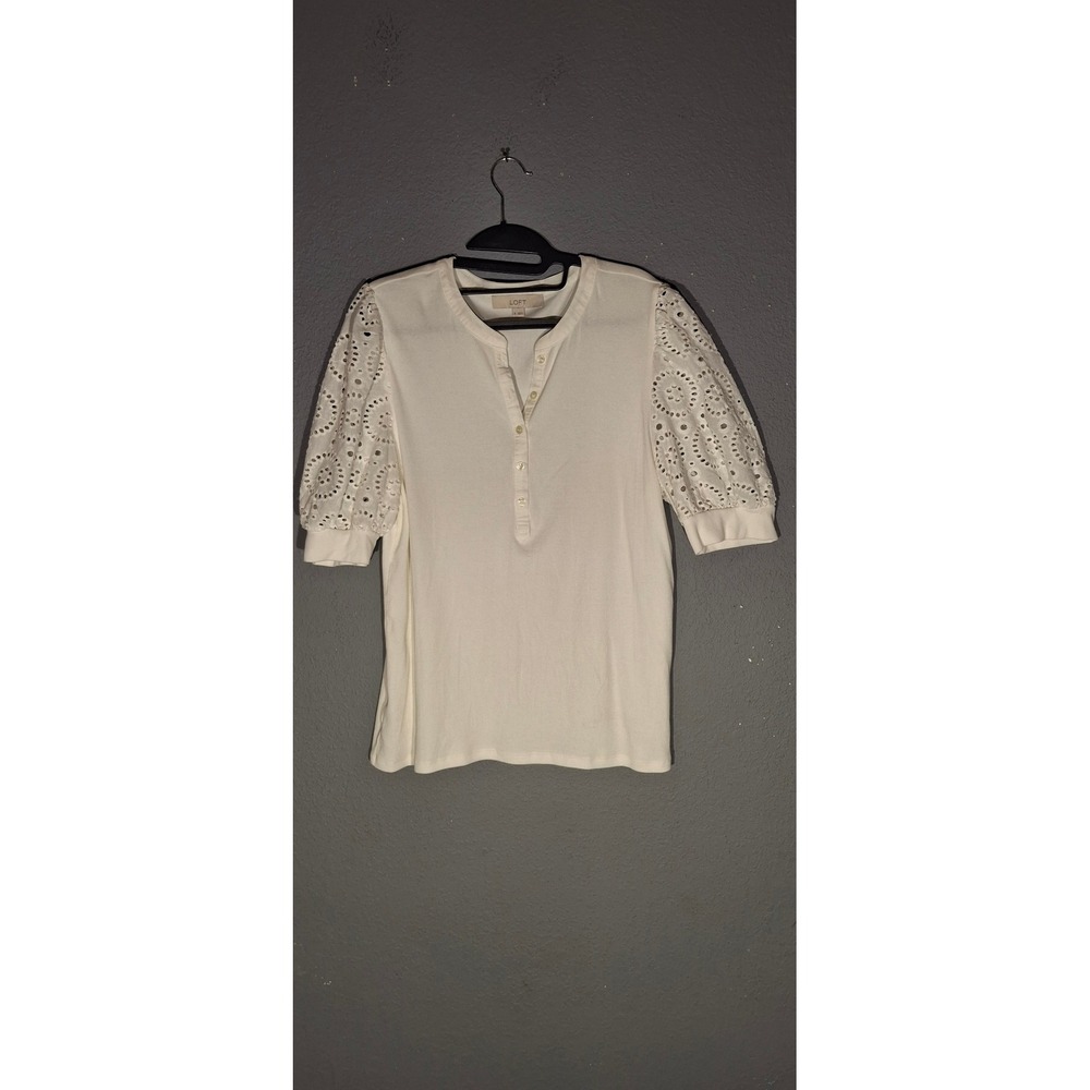 Loft Womens White Ribbed Eyelet Puff Sleeve Henley Top XL Mixed Media Rib Knit